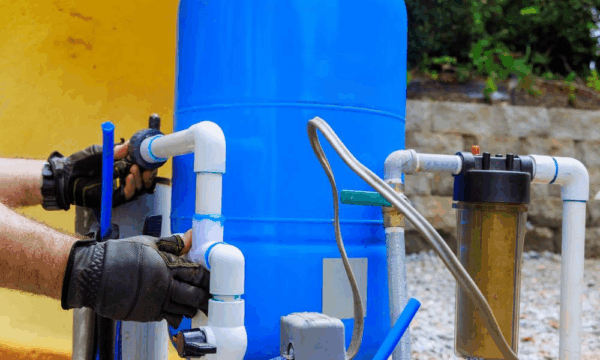 A person wearing gloves works on installing white PVC pipes connected to a large blue water pressure tank and a water filter outdoors.