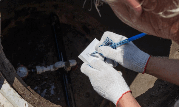 A person wearing white gloves writes on a notepad with a blue pen while inspecting a water meter inside a round, open utility hole.