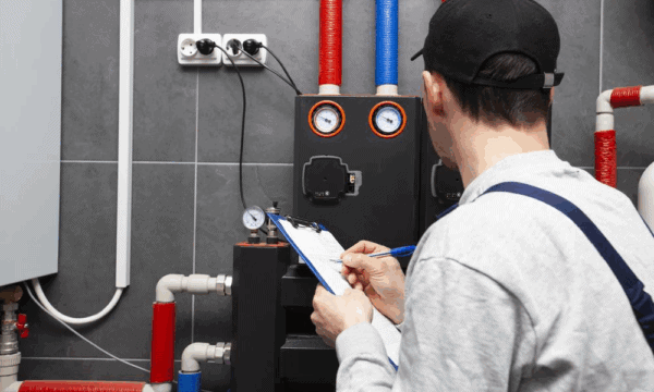 A technician in a cap and gray sweatshirt writes on a clipboard while inspecting gauges and pipes on heating system equipment mounted on a wall.