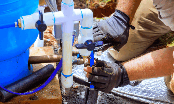 A person wearing gloves is working on a plumbing system outdoors, connecting pipes and valves near a blue water tank. The ground is covered with dirt and some insulation material.
