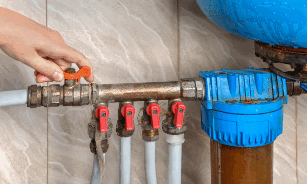 A hand turns an orange valve on a metal pipe connected to several white pipes with red valves and a blue water filter or tank against a tiled wall.