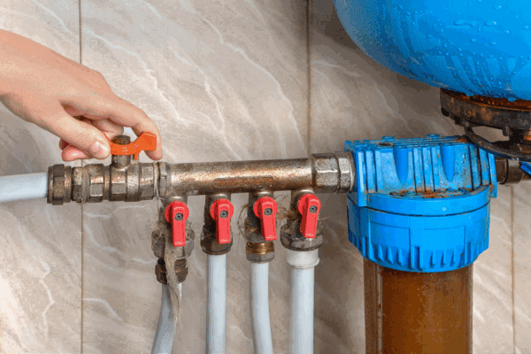 A hand turns an orange valve on a metal pipe connected to several white pipes with red valves and a blue water filter or tank against a tiled wall.